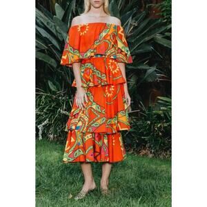 NWT Rhode Resort Lulu Off the Shoulder Ruffle Tiered Midi Dress Uzbek Size S